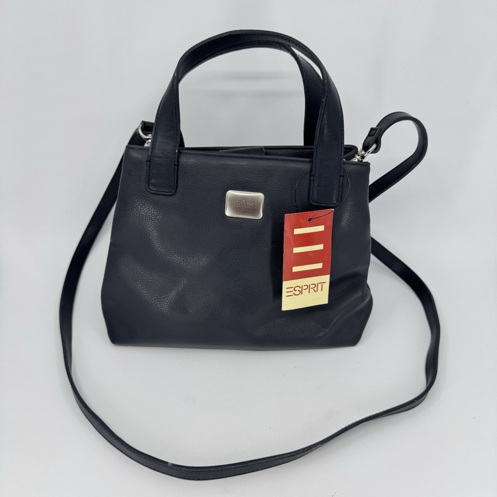 Vintage‎ Y2K ESPRIT Faux Leather Handbag Double Handle Navy With Shoulder Strap